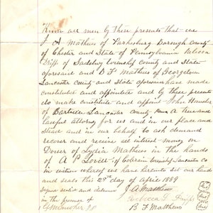 1889 Carta manuscrita original J.A. Matthews Condado de Chester Parkesburg PA D18