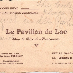 Le Pavillon Du Lac Petits Salons Rue Gazan Paris XIV Vtg Tarjeta de visita TK2-CC