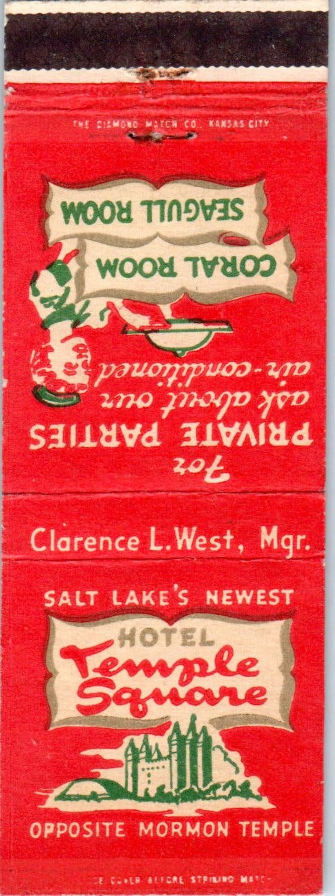 Hotel Temple Square Salt Lake City Utah Advertising Matchbook Cover SA9 ...