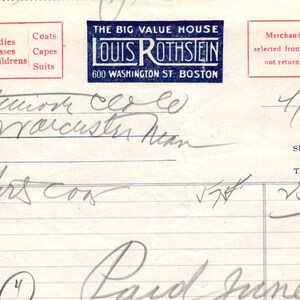 Louis Rothstein Value House Boston 1925 Original Billhead Membrete D8-LL