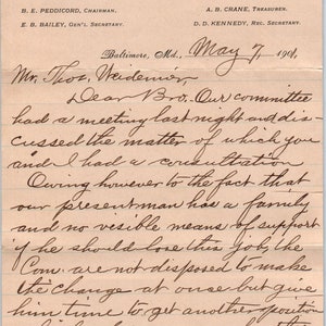 1901 Baltimore y Ohio Y.M.C.A. Nota con membrete E.B. Bailey Baltimore MD AE5