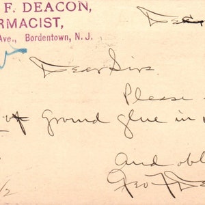 1904 George F. Deacon Farmaceuta Bordentown NJ Pocztowa Karta Pocztowa PE4