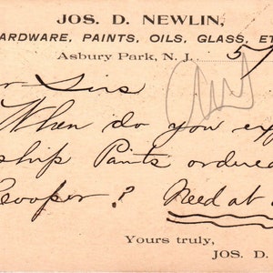 1901 Jos. D. Newlin Hardware Ashbury Park NJ Pocztowa karta pocztowa PE6