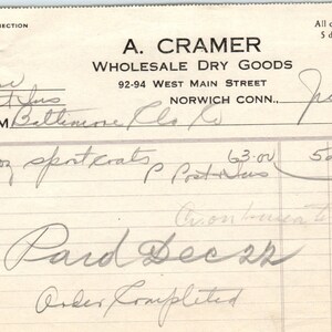 A. Cramer Dry Goods Norwich CT 1924 Recibo con membrete en papel factura original D8