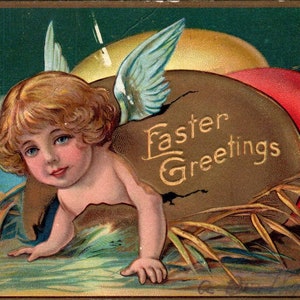 Pâques Bébé Chérubin Cupidon éclosion d’œuf 1910 Winsch Carte postale originale TK1-24