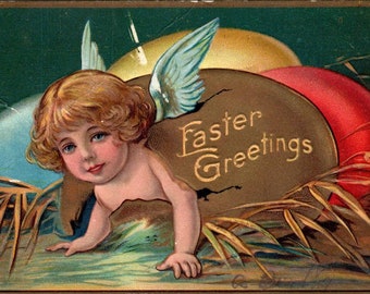 Easter Baby Cherub Cupid Hatching from Egg 1910 Winsch Original Postcard TK1-24