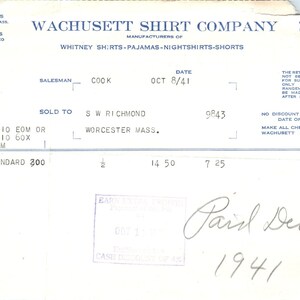 Wachusett Shirt Co Whitney Shirts 1941 Original Billhead Membrete Recibo D8