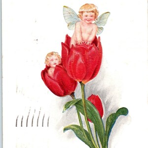 Geburtstag Feen Gesicht in Blume Tulpen geprägt c1920 Original Postkarte TK1-27-4