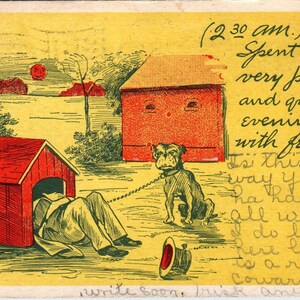 Hombre en casa de perro Humor Dibujos animados 1907 Postal original PB1