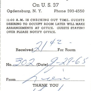 1965 Gran-View Motel Sprawdź Stub Ogdensburg Nowy Jork AE2