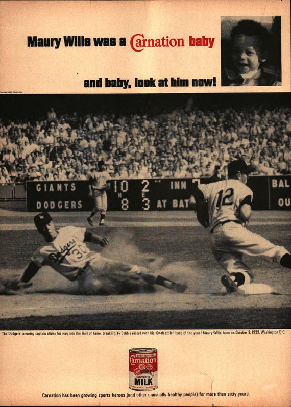 Vintage Maury Wills Dodgers Baseball MLB Carnation Milk Magazine 