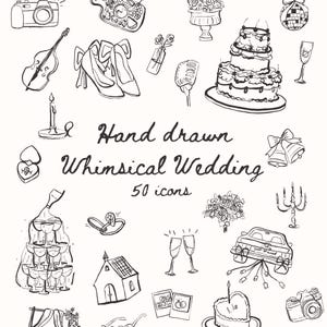 50 hand-drawn bridal wedding doodle clipart icons whimsical line drawing bundle for party invites, stationery, and favors- SVG and PNG