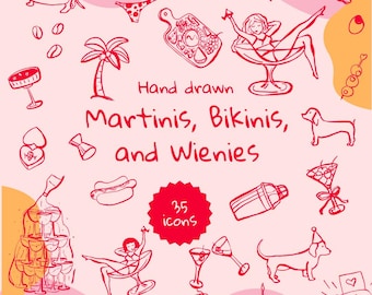 Martinis Bikinis wienies hand-drawn bachelorette doodle clipart icons whimsical line drawing bundle for party invites, stationery, & favors