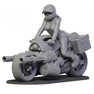 Heavy Motorcycle with Woman |Wargame|Tabletop|RPG|20 mm|28 mm|32 mm|Miniature|SCIFi|Future|Scale|unpainted miniature|6 mm miniature|DnD