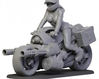 Heavy Motorcycle with Woman |Wargame|Tabletop|RPG|20 mm|28 mm|32 mm|Miniature|SCIFi|Future|Scale|unpainted miniature|6 mm miniature|DnD