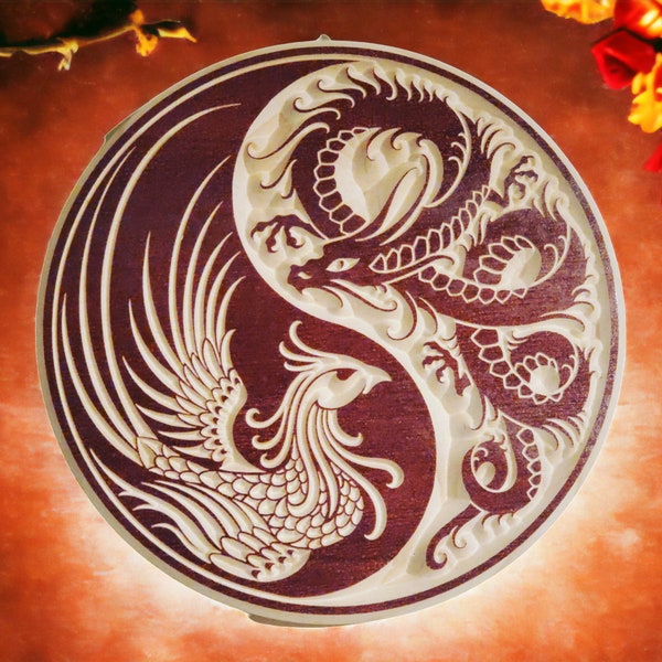 Sculpture en bois faite main de dragon Yin et Yang et de phénix