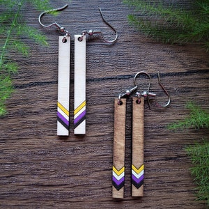 Peut inclure: Une paire de boucles d'oreilles en bois avec un motif en chevron violet, jaune et blanc. Les boucles d'oreilles sont sur une surface en bois brun.