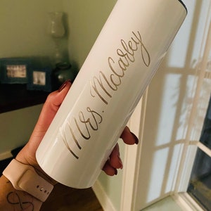 Custom Engraved Tumbler, White Skinny Tumbler, Hand Engraved, Straw Included, Stainless Steel Engraved showing, Hand Made & Personalized