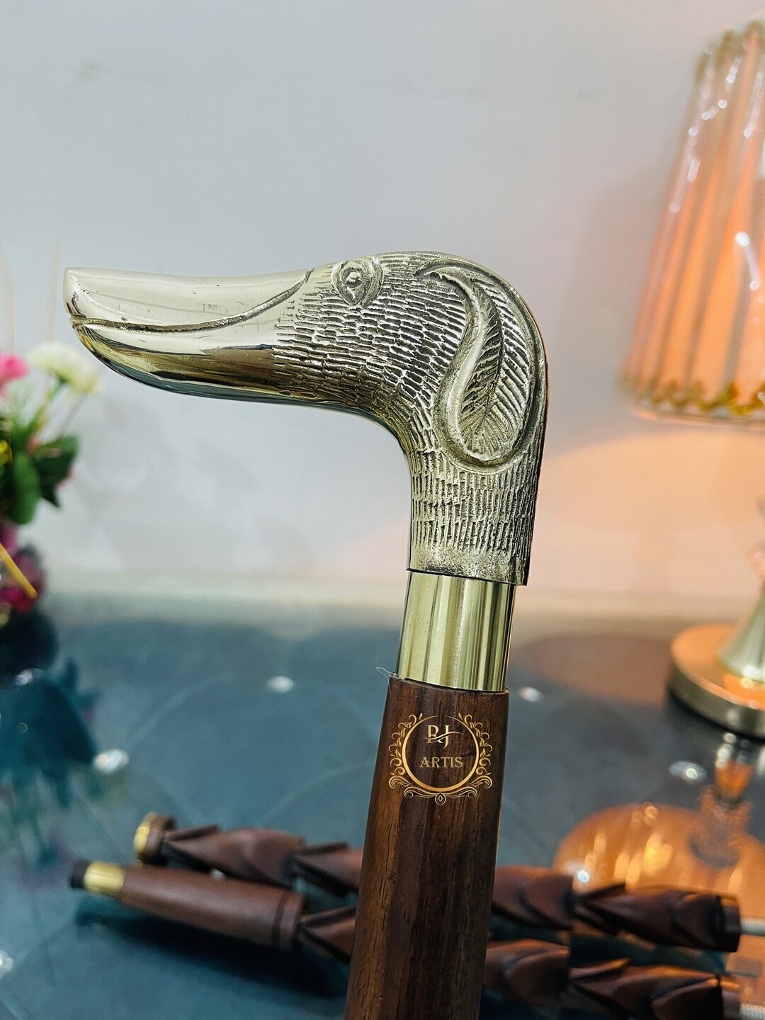 Handmade Brass Walking Stick Dog Head Handle Wooden Walking Stick for