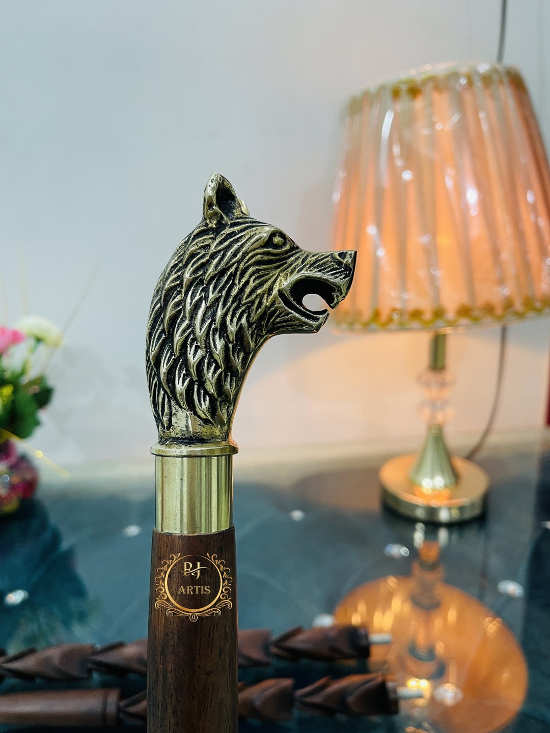 Handmade Walking Cane Wolf Head Handle Walking Stick Wooden Etsy