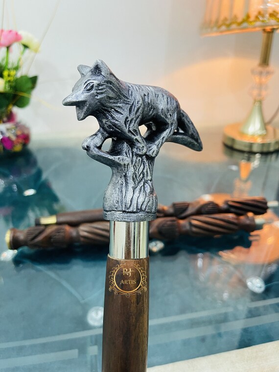 Handmade Walking Stick Fox Head Handle Wooden Walking Stick Etsy