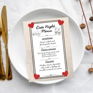 Date Night Menu Customizable - Simple & Elegant - Template Digital file - Printable - Last minute date idea