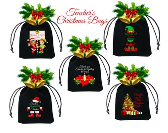 Christmas Gift Bag for Teacher, Gift under 5, Drawstring Christmas Bags, Teacher logo Bag, Teacher Christmas Gift