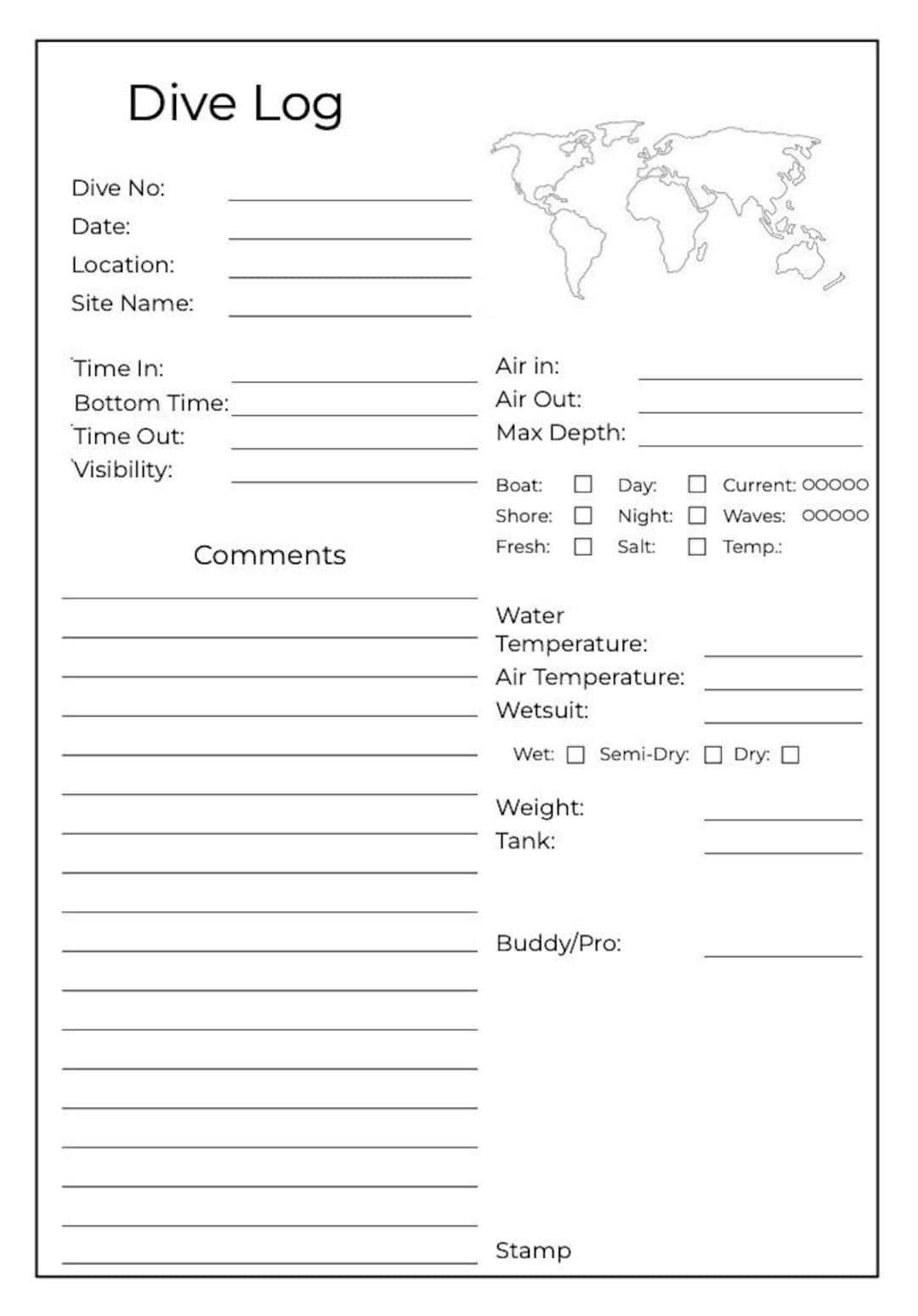 Printable Minimalist Scuba Diving Log Book Dive Logger Diving Log Book