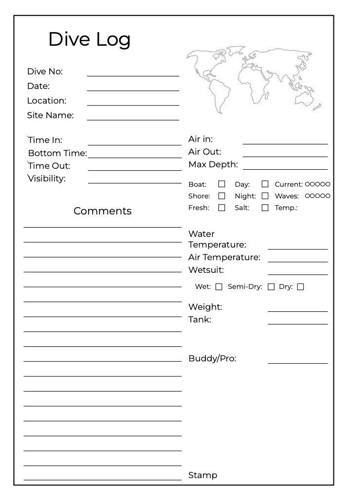 Printable Minimalist Scuba Diving Log Book Dive Logger Diving Log Book