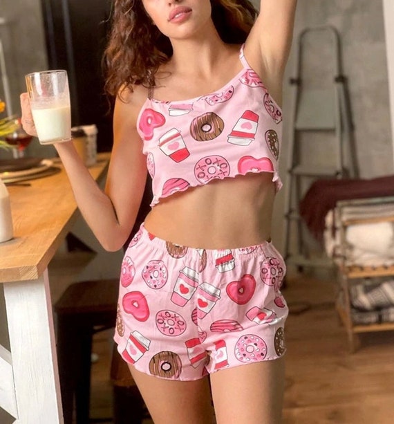 Cute Printed Sexy Pajama Set 2 Pieces Sleepwear Sexy Crop Top With Shorts  Pink Home Wear Set for Women Sleeveless Crop Top Set S-L -  Canada