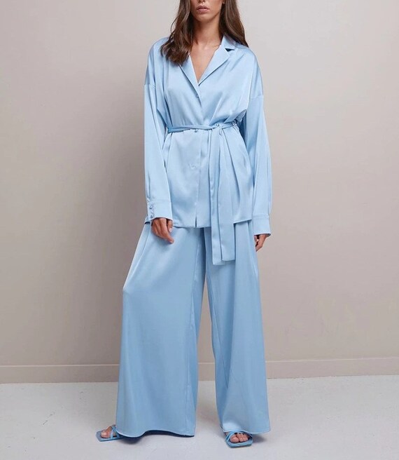 Elegant Satin Pajamas Set Lace up Long Sleeves Homewear - Etsy