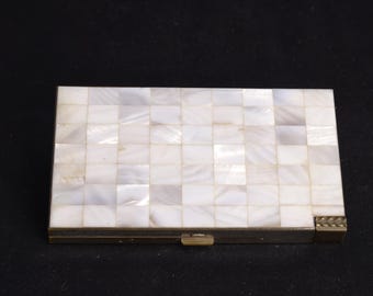 Vintage 1950s Volupte Compact | Mother of Pearl Inlay Brass Vanity Case | Mid-Century Makeup Compact