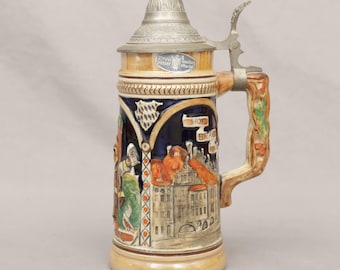 Vintage 1990s München Beer Stein — Pewter Lid Hofbräuhaus Rathaus Relief Bavarian Souvenir