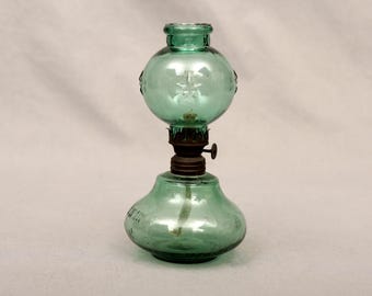 1900s Twinkle Aqua Green Glass Oil Lamp — Molded Star Globe Antique Finger Lamp