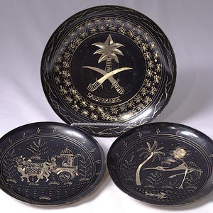 Vintage Brass Wall Plates - Saudi Arabian Enamel Art - Set of 3