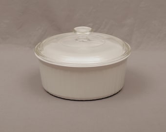 Vintage CorningWare French White 2.5 Qt Casserole F-1-B — Pyrex Lid, Ribbed Pyroceram USA