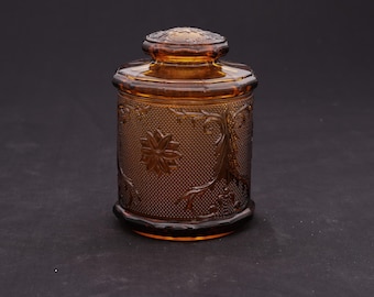 Indiana Glass Tiara Amber Biscuit Jar — Sandwich Pattern Lidded Canister Vintage 1970s Glass