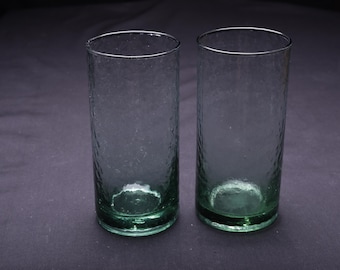Vintage Green Hammered Highball Glasses Set of 2 | Emerald Textured MCM Barware, Heavy Bottom Cocktail Glasses