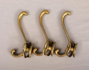Vintage Keeler Brass Co. Ornate Brass Double Wall Hooks — Gold Hat & Coat Hanger Set of 3