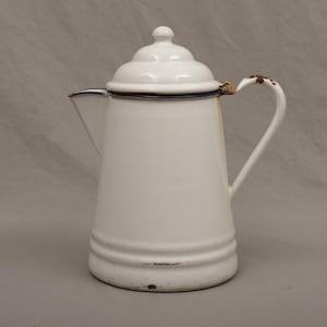 Antique White Enamelware Coffee Pot — Blue Trim Hinged Lid Farmhouse Rustic Kitchen Decor