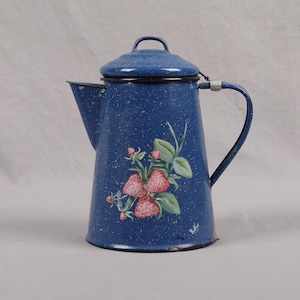 Vintage Blue Speckled Enamelware Coffee Pot — Strawberry Hand Painted Graniteware, Farmhouse Decor