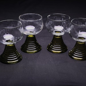 Vintage German Romer Green Glass Goblets - Etched Grape Design, Set of 4