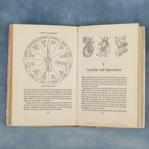 Puede incluir: Libro abierto con ilustraciones y texto sobre brujer&iacute;a. Una p&aacute;gina muestra una rueda zodiacal con s&iacute;mbolos. La p&aacute;gina opuesta tiene ilustraciones de una herradura, una figura de palo y botellas. El libro est&aacute; abierto en las p&aacute;ginas 94 y 95.
