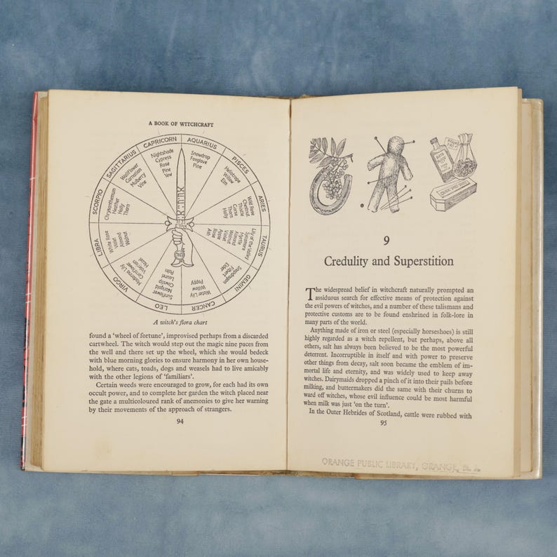 Puede incluir: Libro abierto con ilustraciones y texto sobre brujer&iacute;a. Una p&aacute;gina muestra una rueda zodiacal con s&iacute;mbolos. La p&aacute;gina opuesta tiene ilustraciones de una herradura, una figura de palo y botellas. El libro est&aacute; abierto en las p&aacute;ginas 94 y 95.