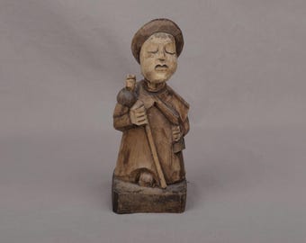 Vintage European Hand-Carved Wood Traveler Pilgrim Statue — Folk Art Figurine, 7" Sculpture