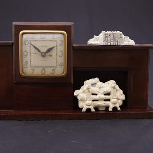 1950s MCM United Fireplace Clock: Vintage Backlit Wooden Mantle Clock