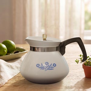 May include: A white teapot with a wide base and a tapered top, featuring a blue floral pattern on the front. It has a dark brown handle, a silver-toned metal band around the middle, and a small gold-colored knob on the lid.