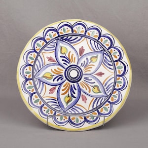 1970s Venezuelan Hand Painted Ceramic Wall Plate — Yellow Blue Floral, 11.75" Hanging Decor