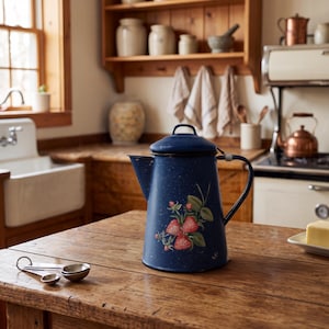 May include: A dark blue speckled enamel coffee pot with a lid and a handle, featuring a painted design of red strawberries with green leaves on the front. Two silver metal measuring spoons are placed on the wooden surface next to the pot.