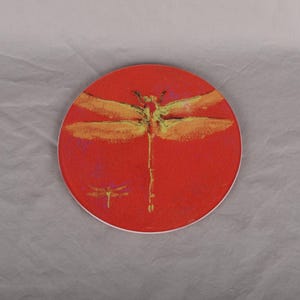 Vintage Hand Painted Dragonfly Glass Trivet 8" — Botanical Nature Kitchen Decor
